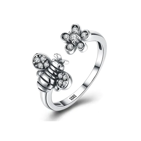 Bee Ring in Sterling Silver with Flower Zircons 18K White Gold Plated for Women