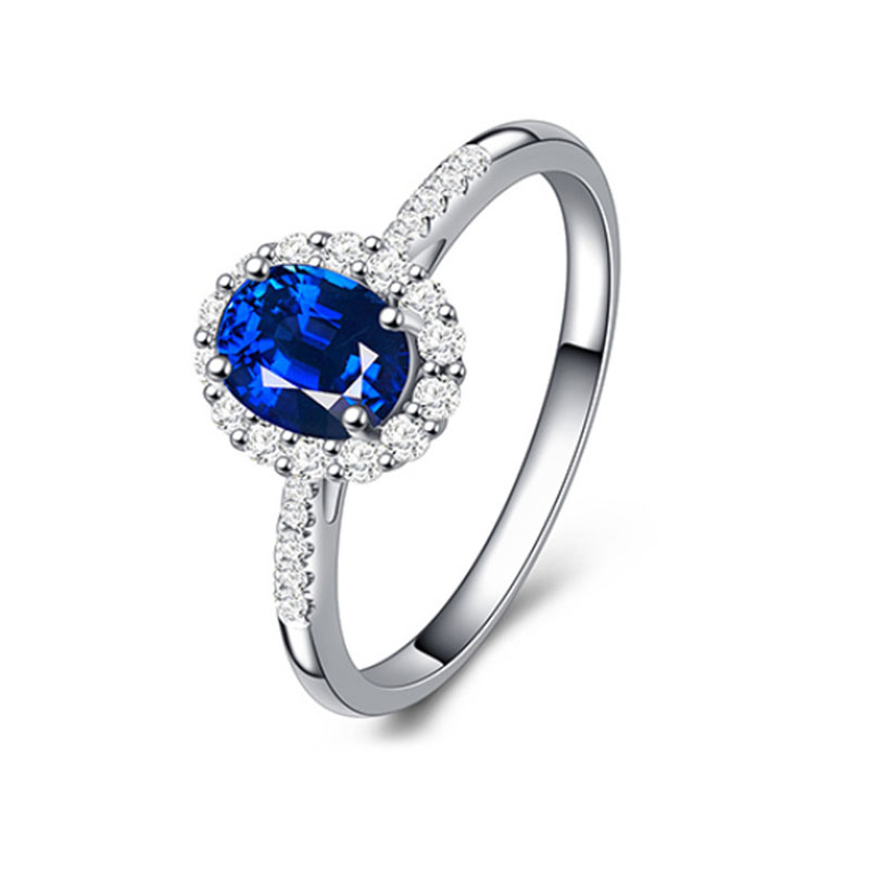 Oval Sapphire Diamond Ring in 18K White Gold Engagement Band for Women