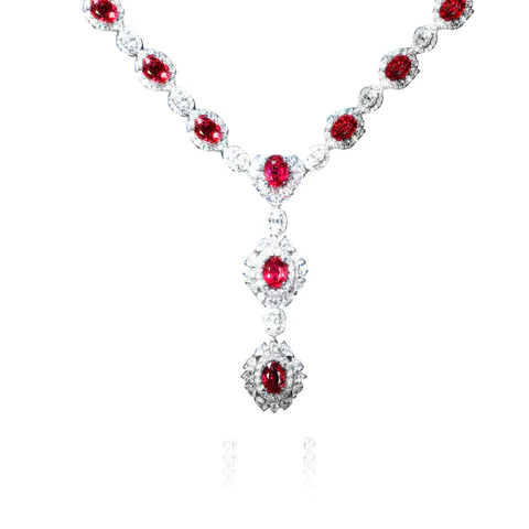 18K White Gold Natural Oval Ruby and Diamond Necklace for Women