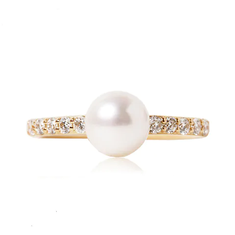 Seawater Akoya Pearl and Diamond Ring in 18K Yellow Gold for Women