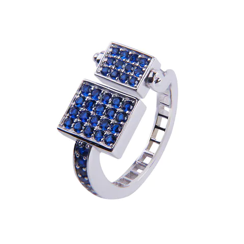 Sterling Silver Rings Pave Set with Blue Zircons 18K White Gold Plated for Men
