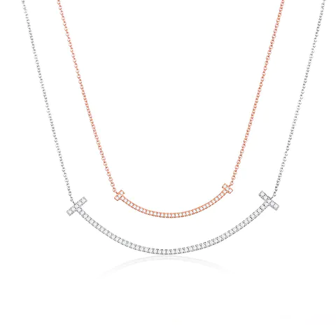 Diamond Necklace Set in 18K White/Rose Gold Double T Smile Necklace for Women