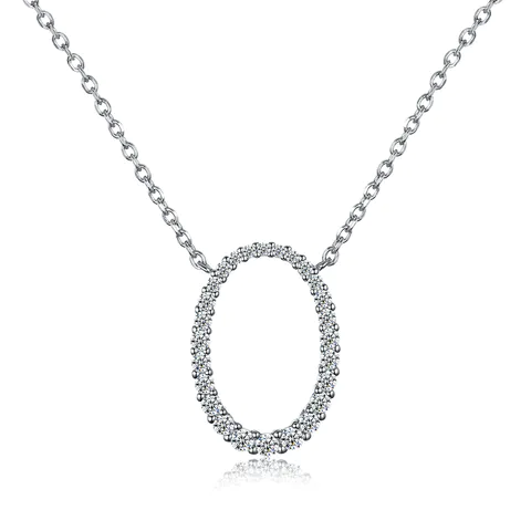 Oval Circle Sterling Silver Pendant Necklace Blue White Cubic Zircons