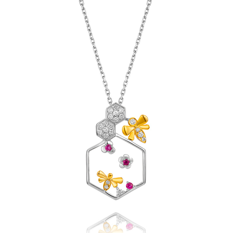 Pretty Honey Bee White Gold Diamond Necklace in 18K Gold