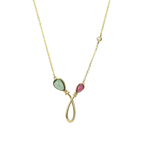 Rose Red And Green Tourmaline Necklace in 18K Yellow Gold