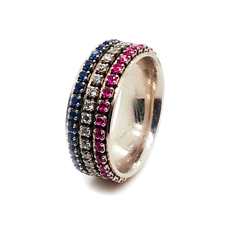 Rotatable 18K White Gold Diamond Wedding Bands Sapphire Ruby Ring
