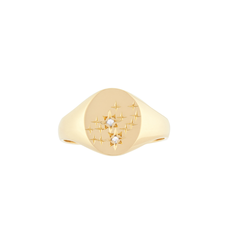 14K Custom Signet Gold Band Ring With Diamonds for Women