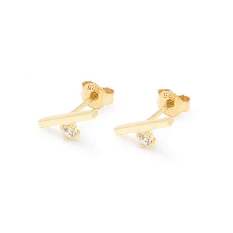 Bar Cubic Zirconia Earrings Stud 18K Yellow Gold Plated for Girls
