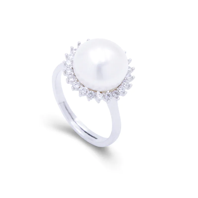 Trendy Natural Pearl Promise Ring Sterling Silver Pave Set Zircons