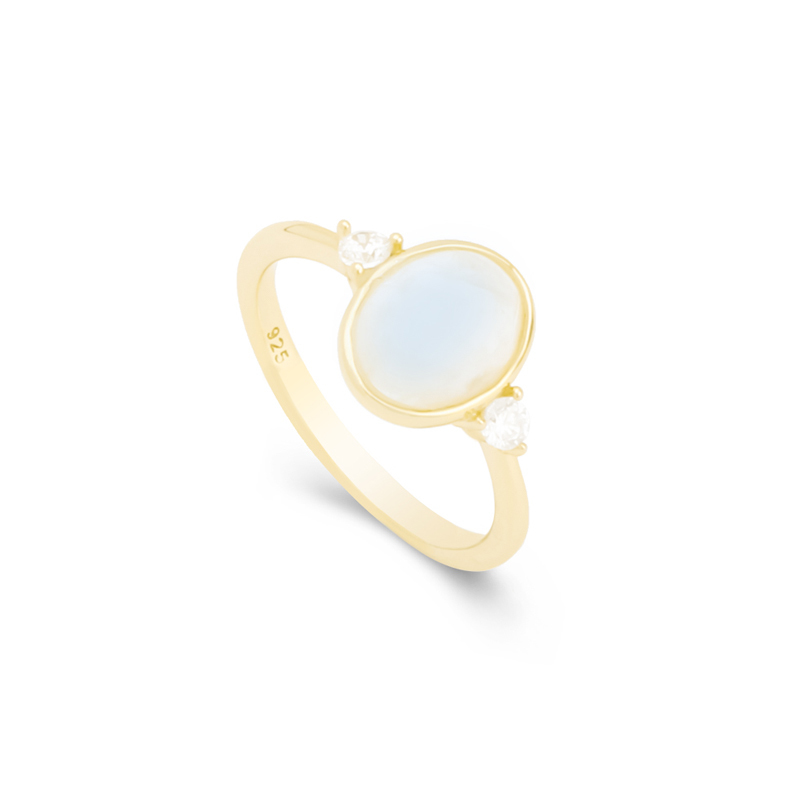 Blue Moonstone Ring Sterling Silver with Zircons 18K Yellow Gold Plated