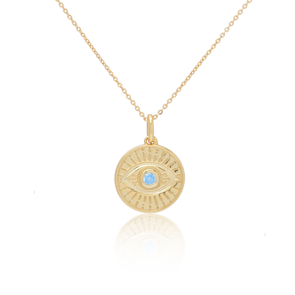 Sterling Silver Evil Eye Necklace Blue CZ Coin Pendant