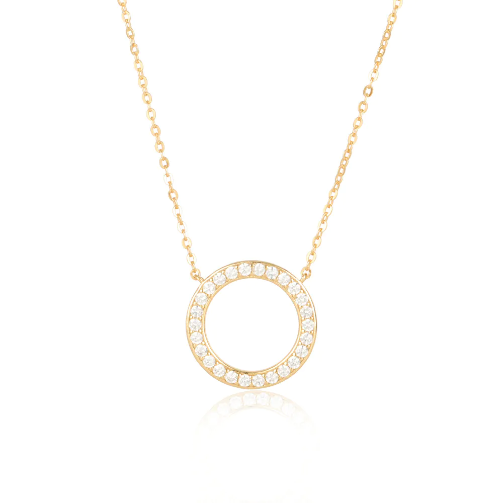 Circle Silver Pendant Necklace Pave Set Cubic Zircon Stone Gold Plated