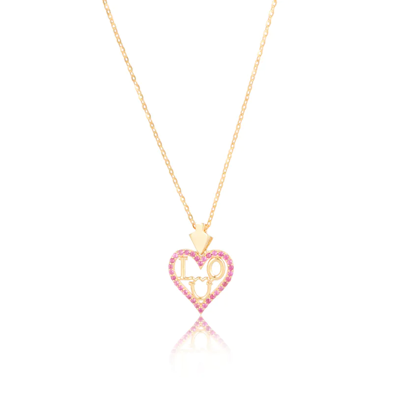 I Love You Heart Silver Pendant Necklace Pink CZ
