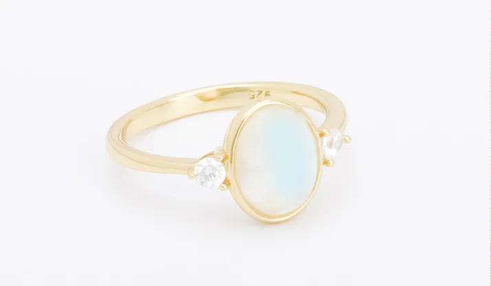 Blue Moonstone Ring Sterling Silver With Zircons 18K Yellow Gold Plated