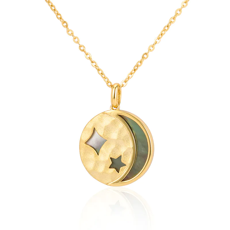 Black Mother of Pearl Disc Necklace Moon Star