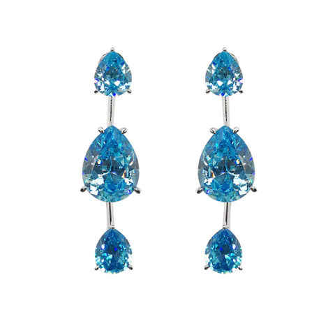 Sterling Silver Drop Earrings with Pear Shaped Blue Cubic Zircons 18K Gold Plated for Women