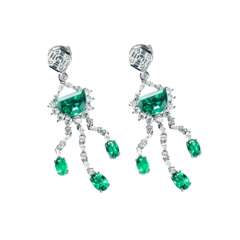 Emerald and Diamond Earrings and Pendant Necklace Set in 18K White Gold for Women
