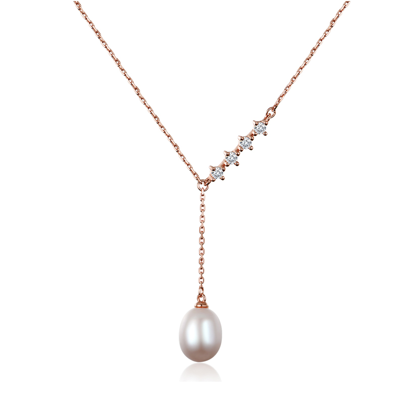 Y-Shaped Sterling Silver Pearl Drop Necklace for Ladies