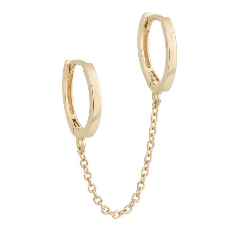 Gold Plated Double Huggie Hoop Earrings Connected Chain