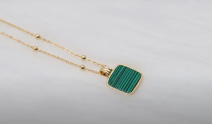 Square Malachite Pendant Necklace, 925 Sterling Silver Yellow Gold Plated, Fine Jewelry