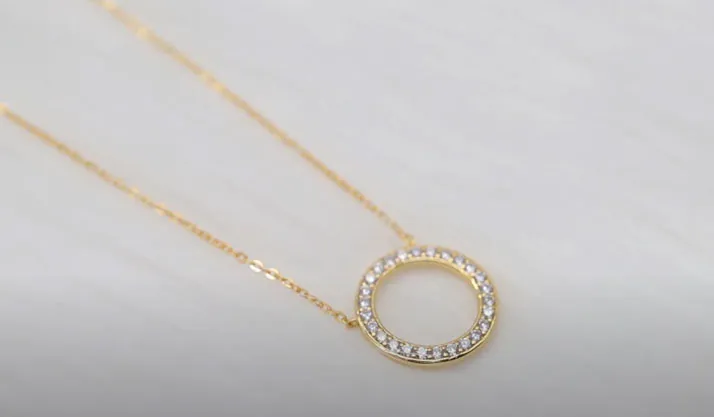 Pretty Infinity Circle Pendant Necklace CZ, Sterling Silver Yellow Gold Plated