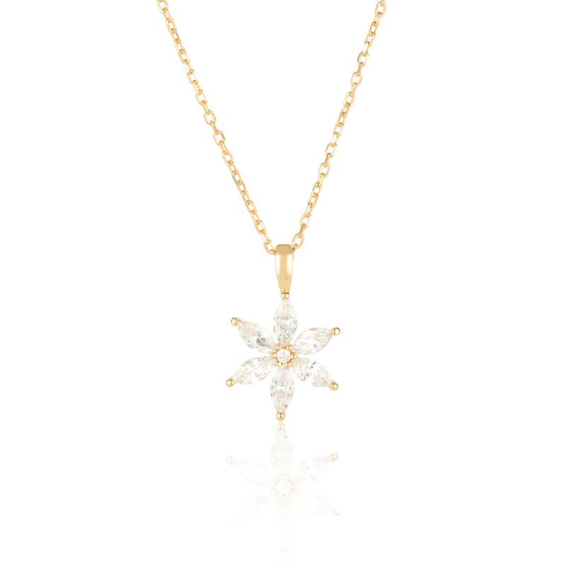 Gold Plated Flower Necklace Prong Zircons Sterling Silver