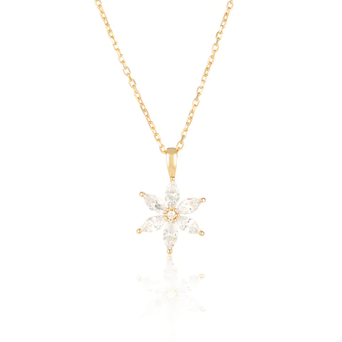 Gold Plated Flower Necklace Prong Zircons Sterling Silver