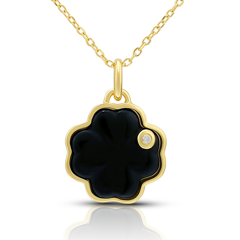 Black Agate Four Leaf Clover Pendant Necklace